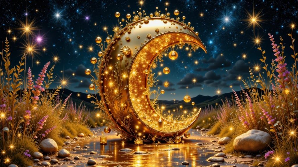 Golden Kinetic Sculpture Under Starry Sky