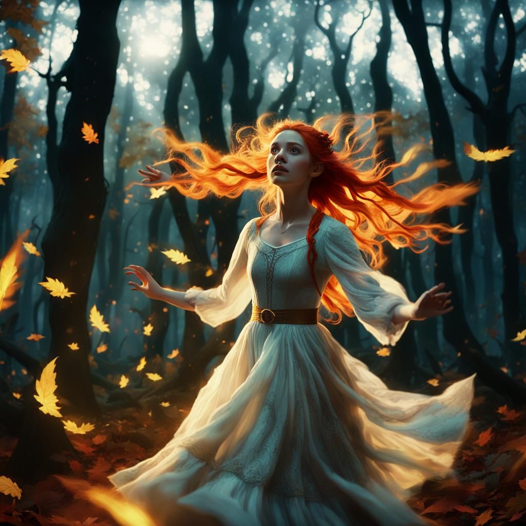 Elven Dancer in Forest at Night, Cinematic Photography