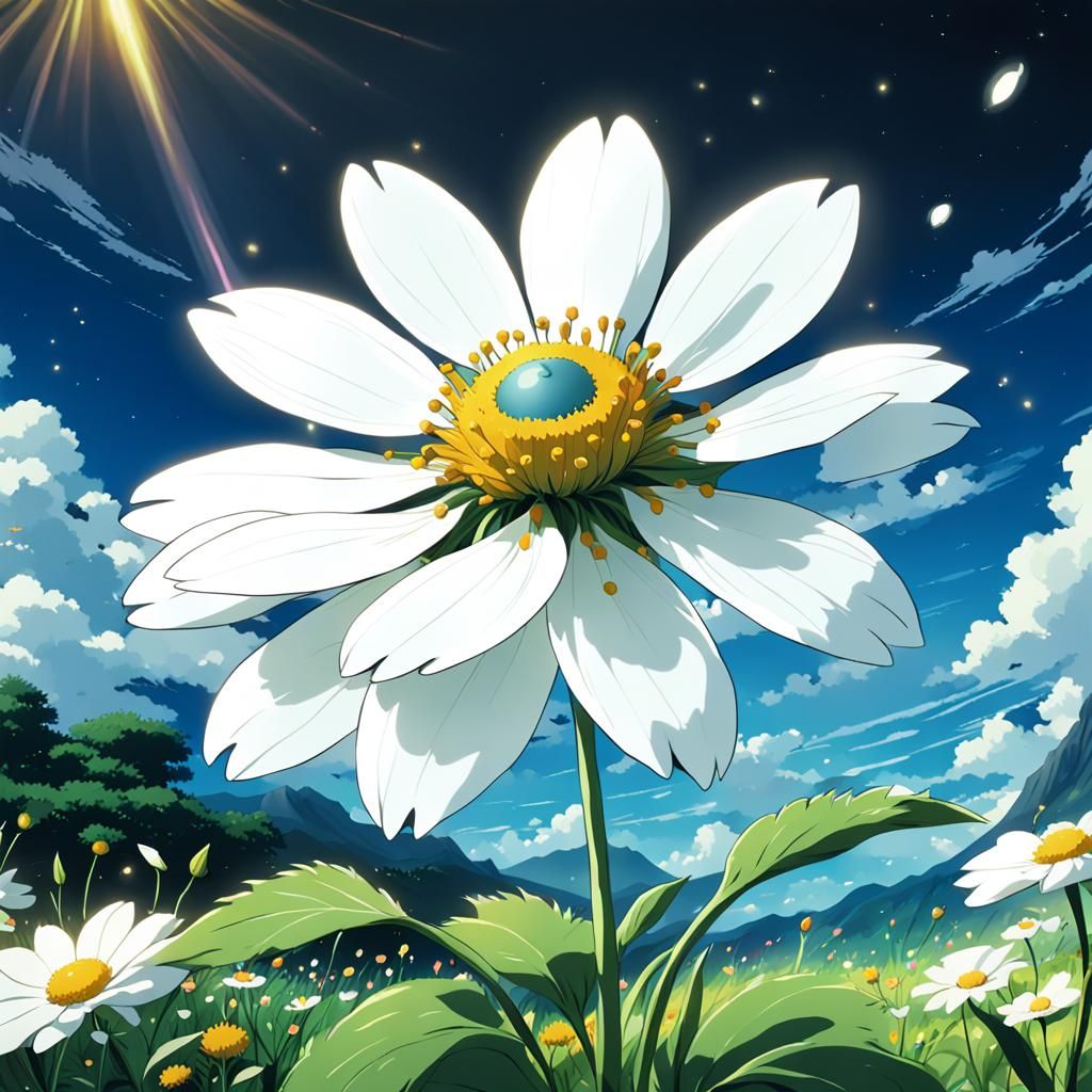 White Shikigami on Flower, Ghibli Anime Style