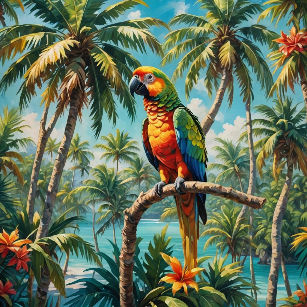 Colorful Parrot on Tropical Island: Oil Painting