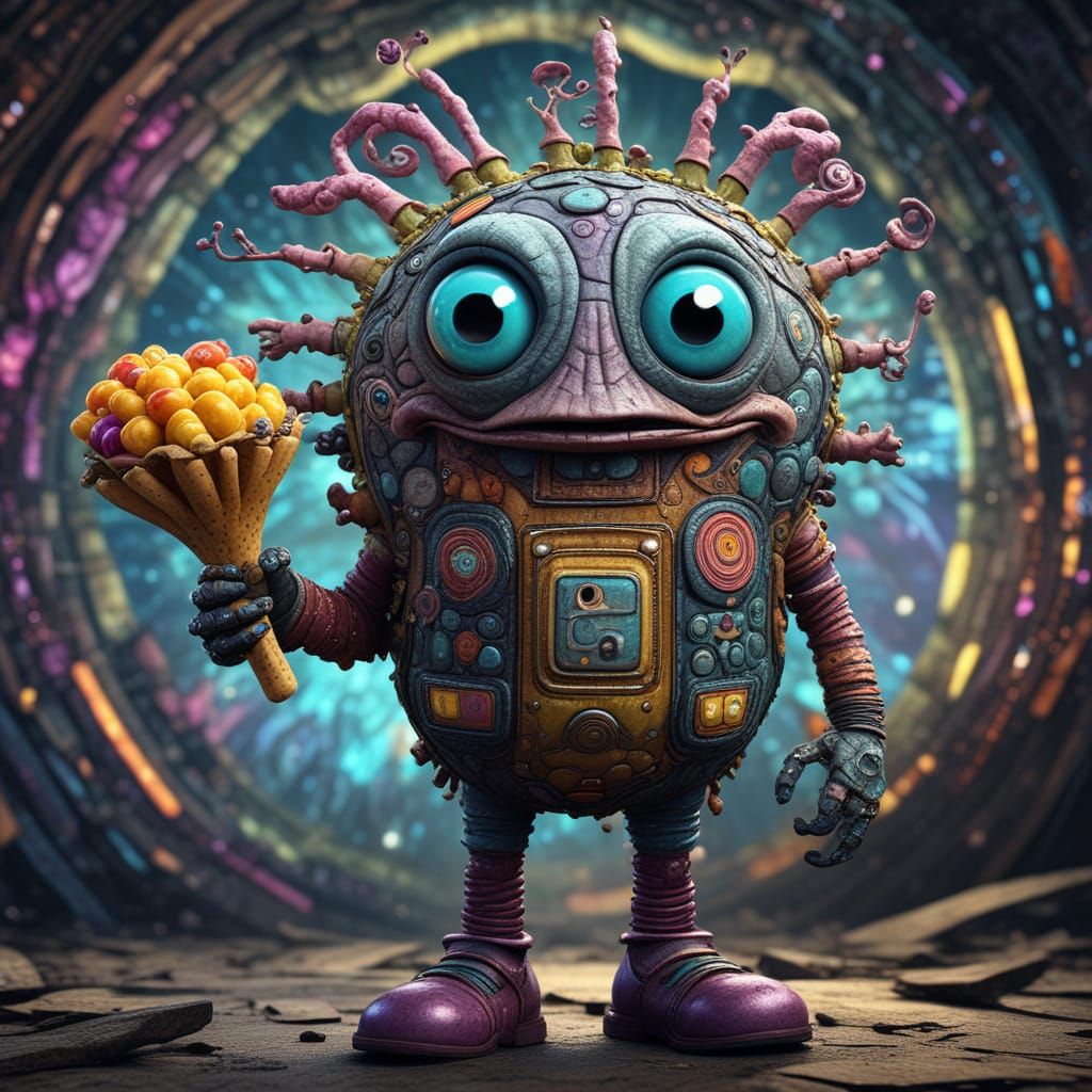 whimsical POTATOE hybrid creature with stitched leather skin...