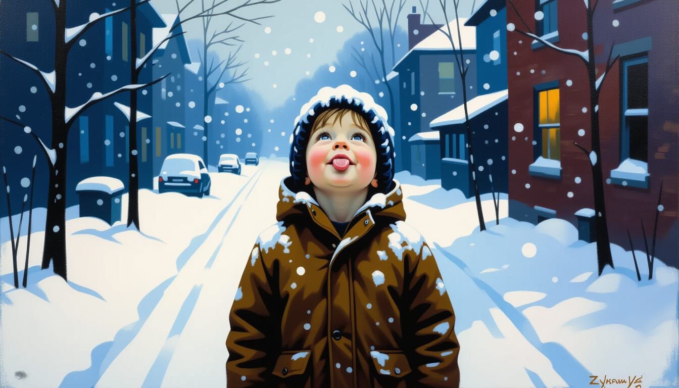 Child Delights in Snowy Winter Landscape