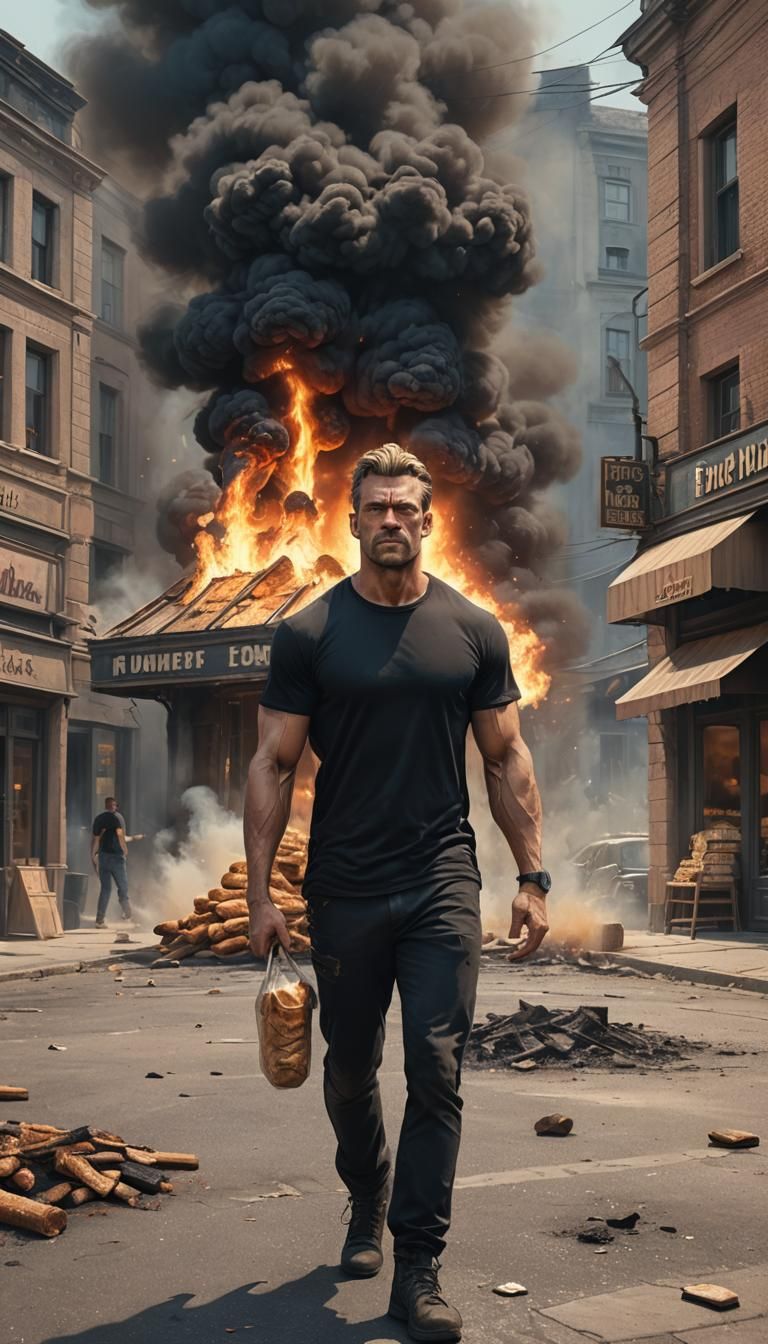 Muscular Man Walks Past Burning Bakery in Town Square