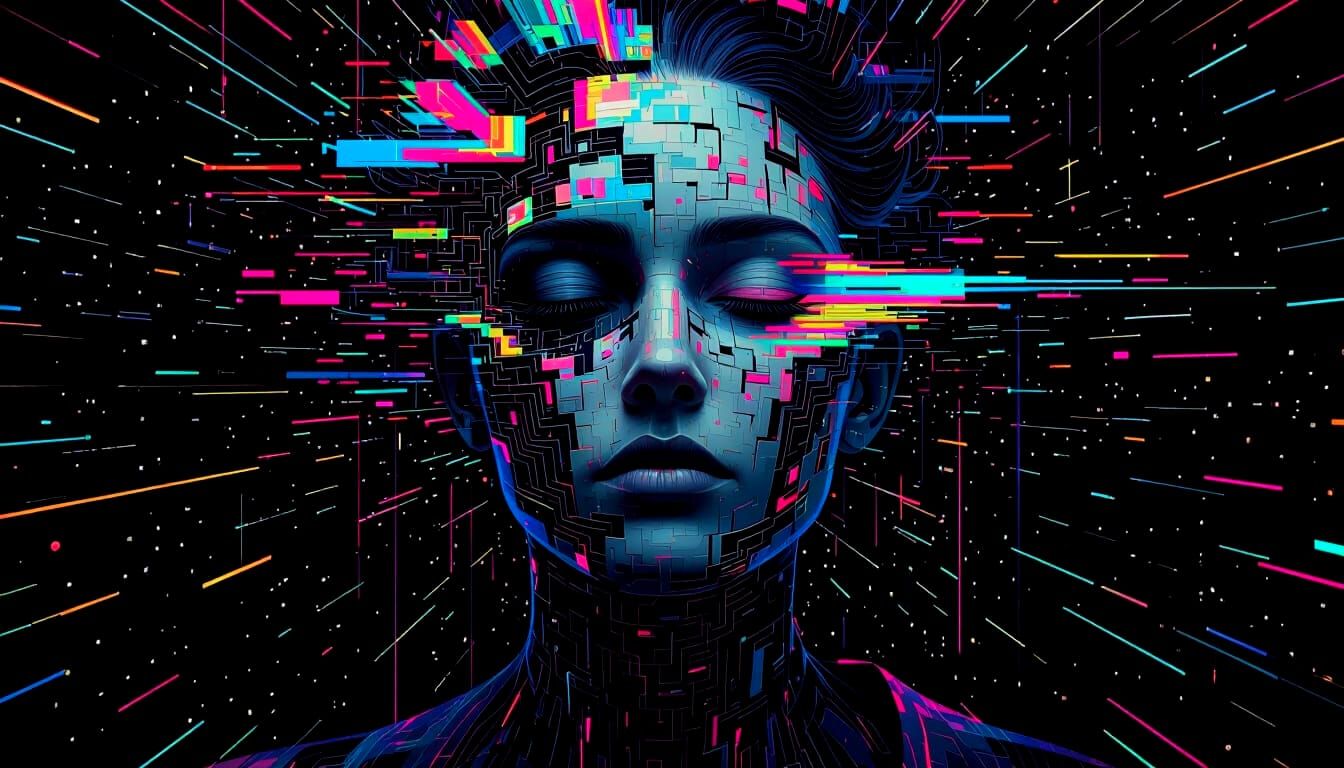 Mystical Figure in Surreal Glitch Portrait