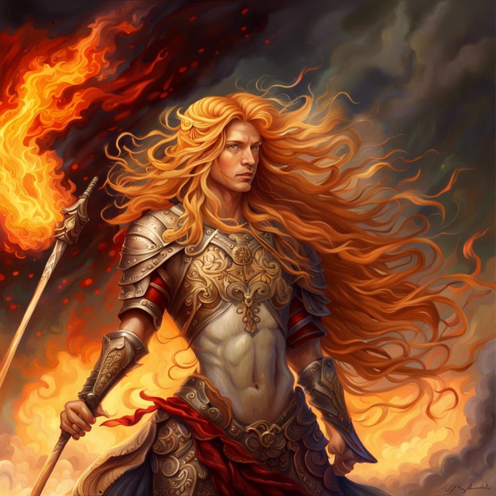 Sagittarius on Fiery Battlefield in Vivid Colors