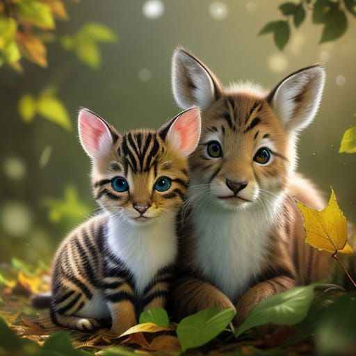 Bambi and Kitten Meeting in Forest: Hyperrealistic