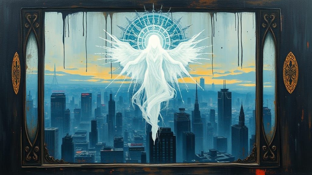 Ethereal Being Radiates Light Over Dystopian Cityscape