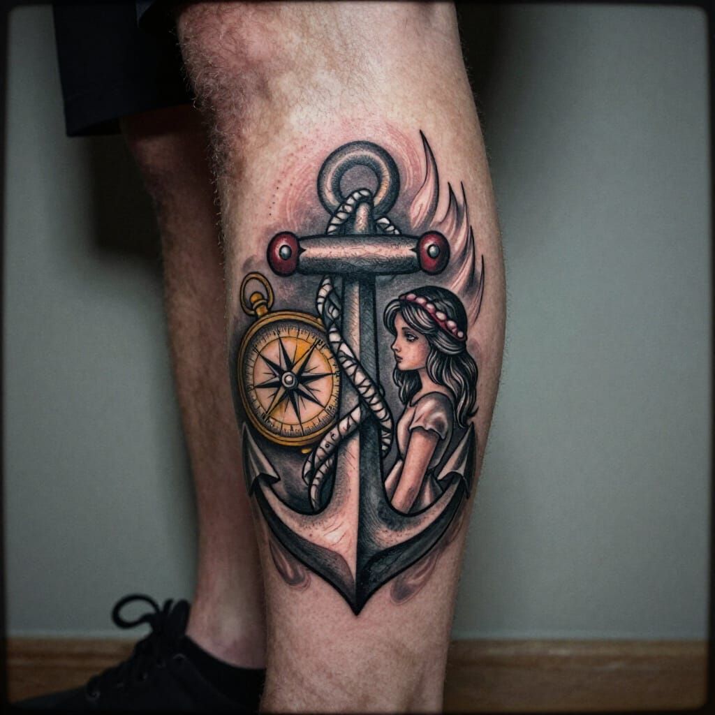 Neo-Traditional Anchor Compass Girl Tattoo Design