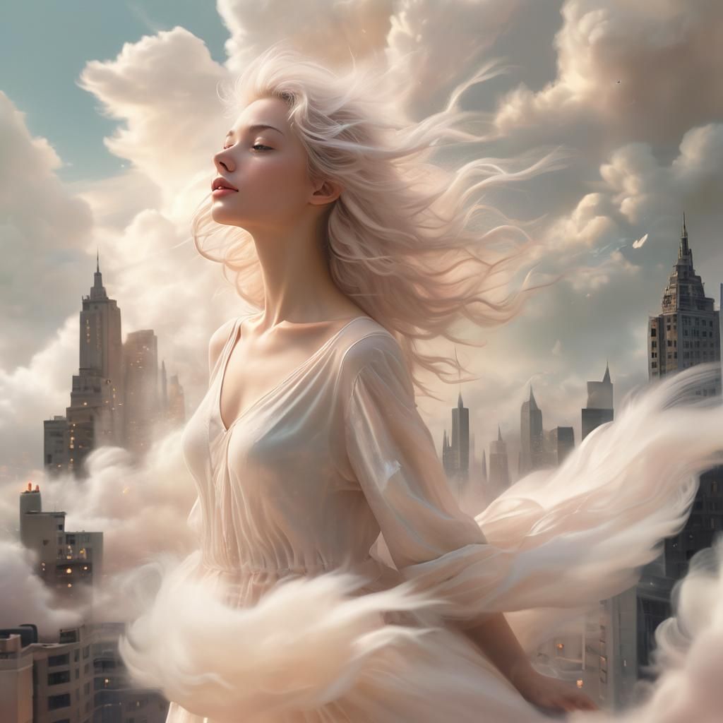 Cloud Woman Gliding Through Sky City in Watercolor Style