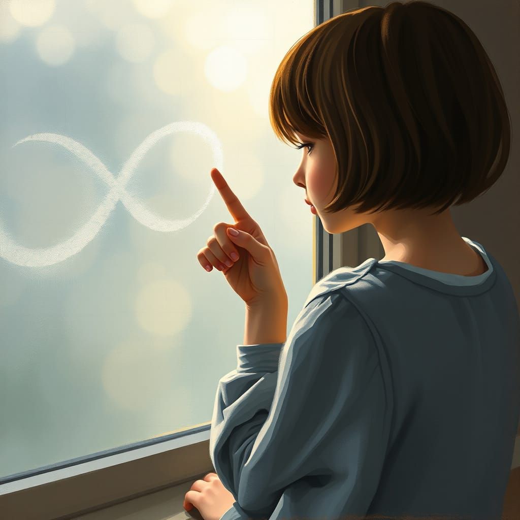 Girl Creates Infinity Symbol on Foggy Window in Soft Morning...
