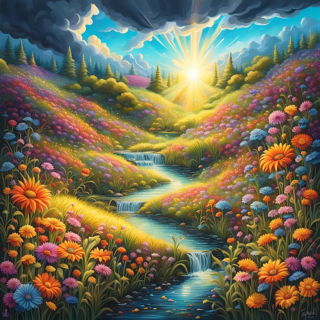 Sunlit Meadow: Graffiti Art with Gold Accents