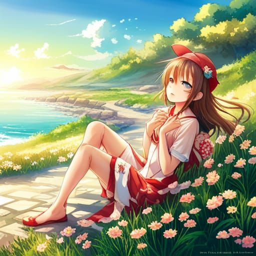 Anime Girl in Floral Dress by the Sea