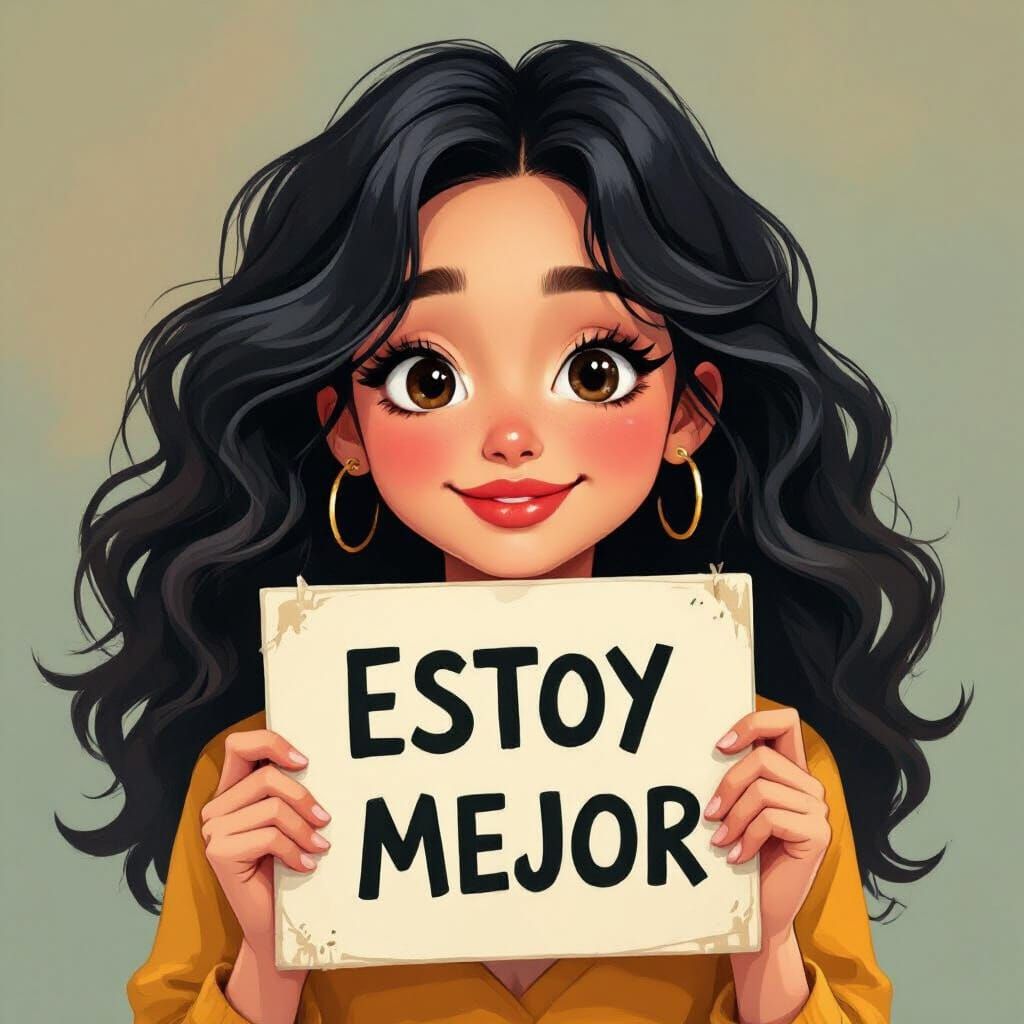 Happy Woman with Wavy Black Hair and Round Eyes