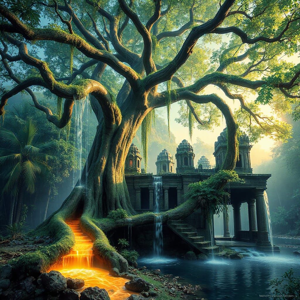 Mystical Banyan Tree Coiling Around Jungle Temple