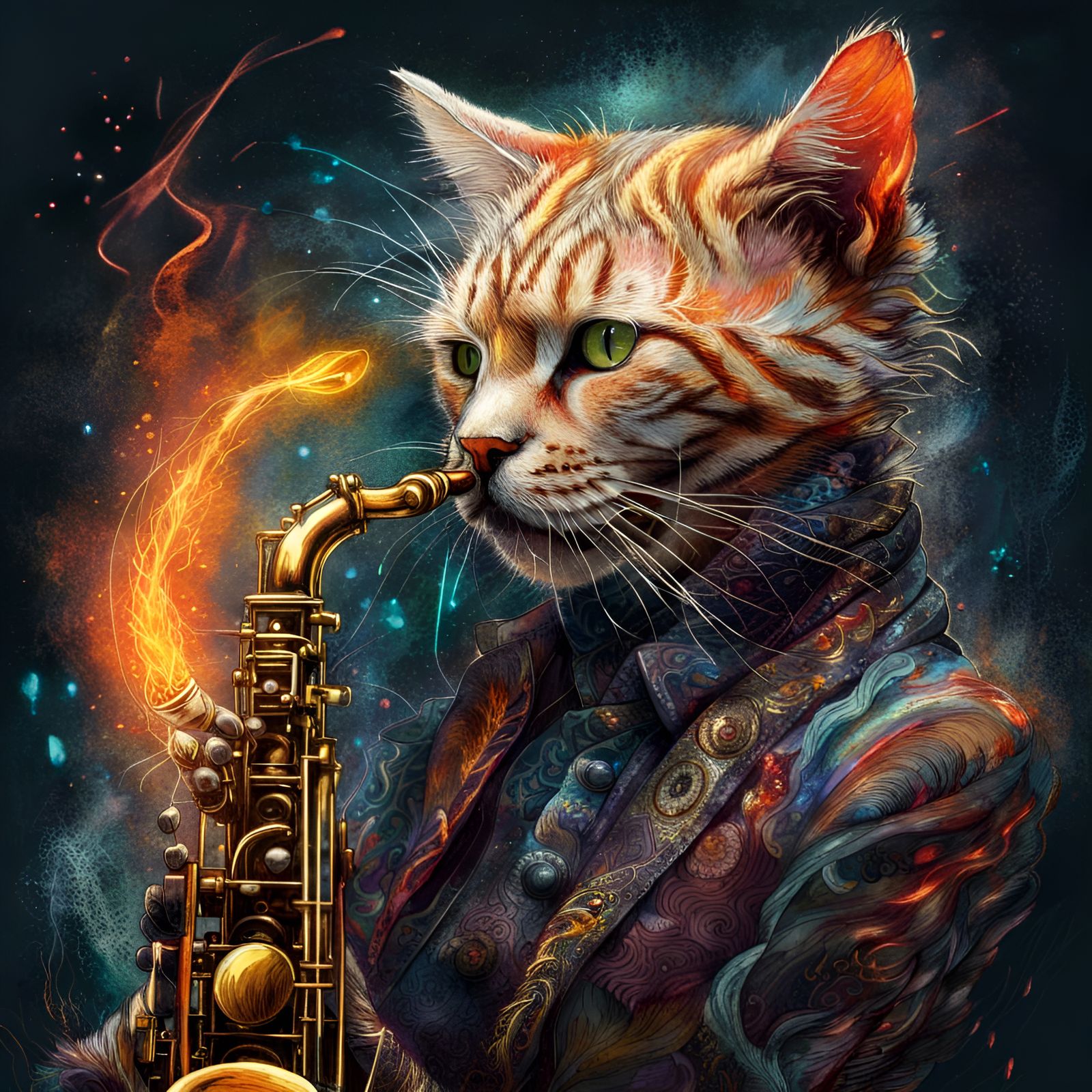 Fiery Cat Saxophonist in Dark Fantasy Style
