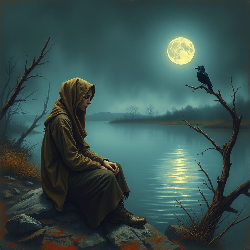 Lonely Figure on a Moonlit Riverbank