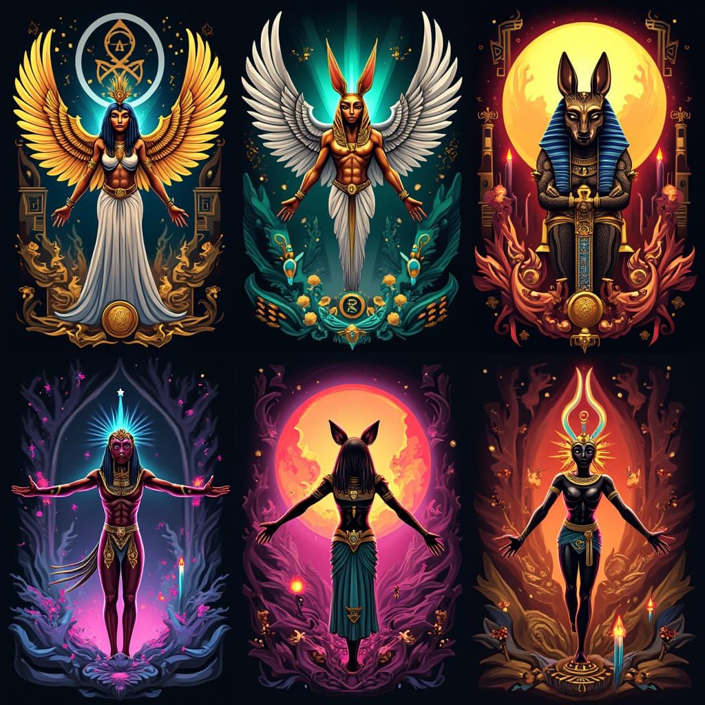 Ancient Egyptian Gods and Rulers in Vibrant, Stylized Depict...