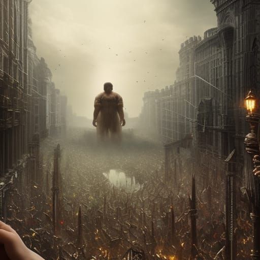 Malevolent Giant Over Tiny Crowd: Epic Digital Painting