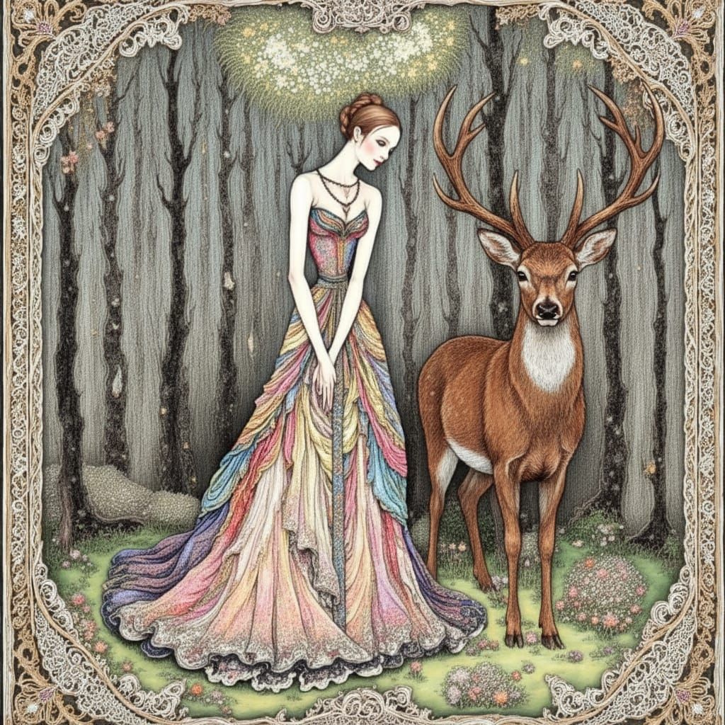 Fairy Tale Illustration of Woman and Deer in Forest