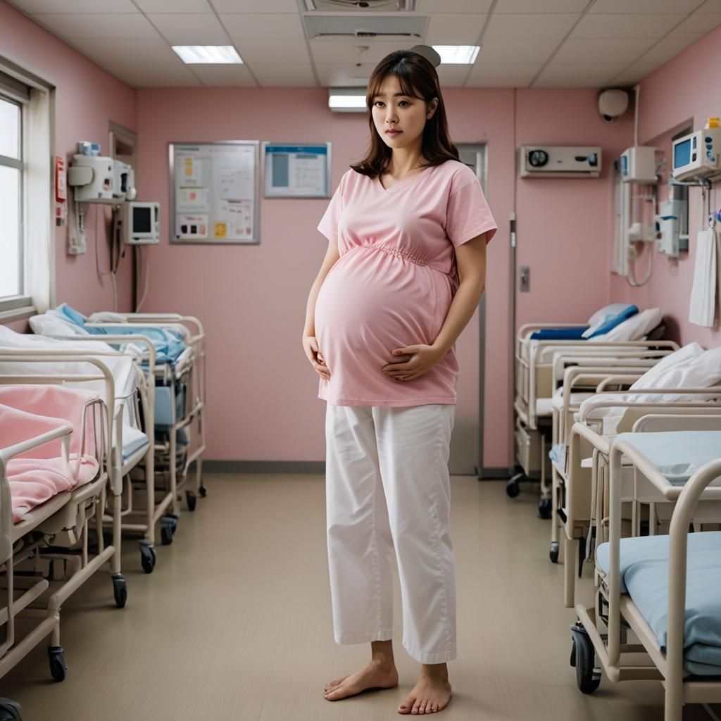 Pregnant Woman in Hospital Ward: Realistic Japanese Movie Sc...