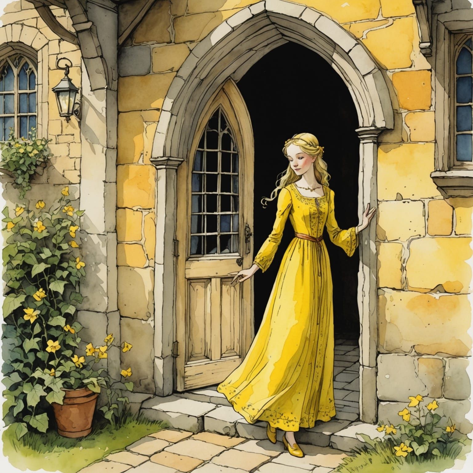 Luminous Maiden in Doorway: Storybook Illustration