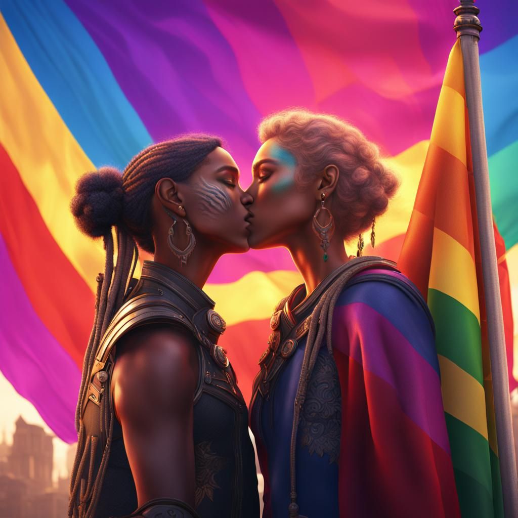 Transgender Kiss Under Pride Flag: Detailed Matte Painting