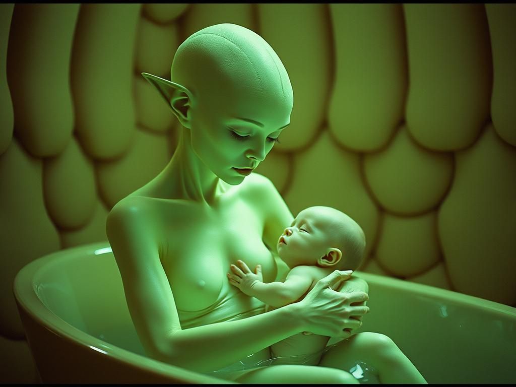 Elfin Alien Mother and Baby in Uncanny Valley