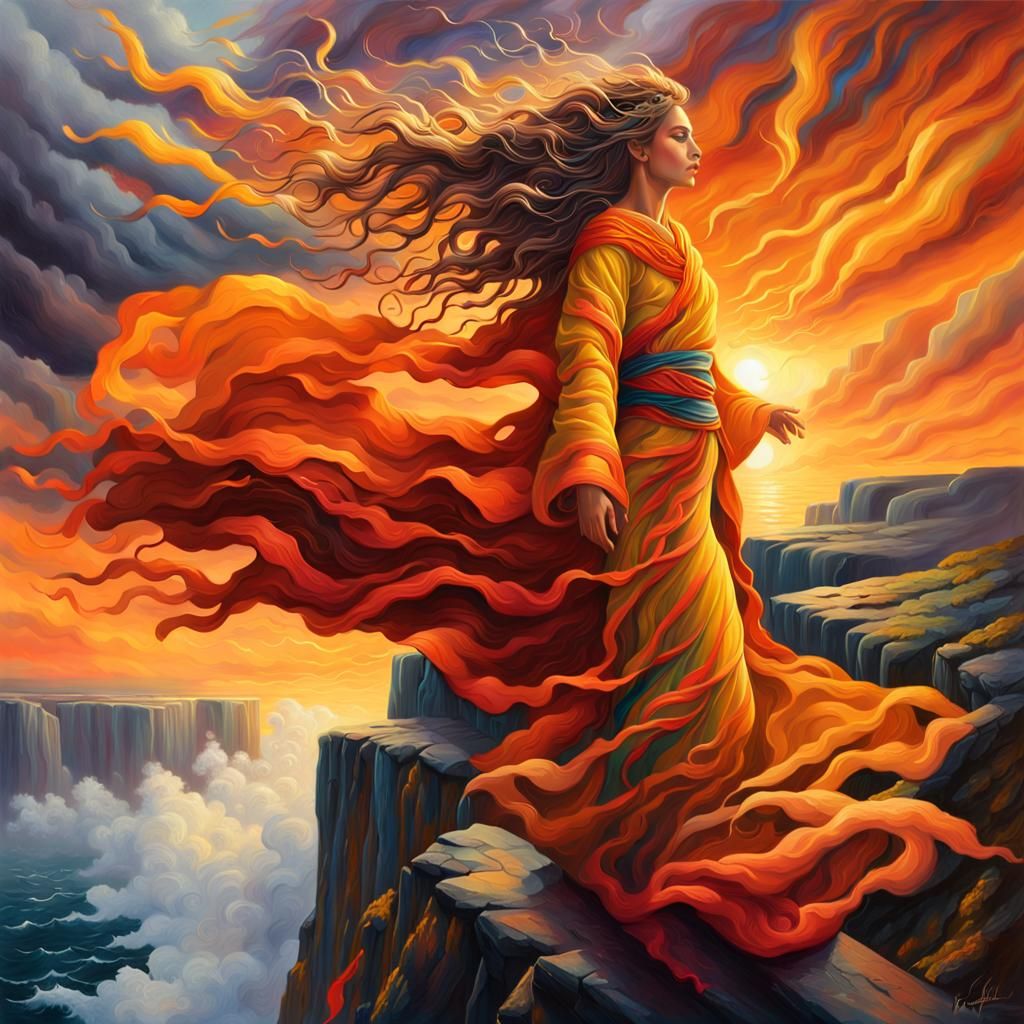Wind Goddess at Sunset: Hyperrealistic Oil Painting