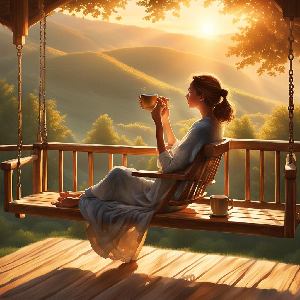 A person sipping coffee on a porch swing, with the sunrise i...