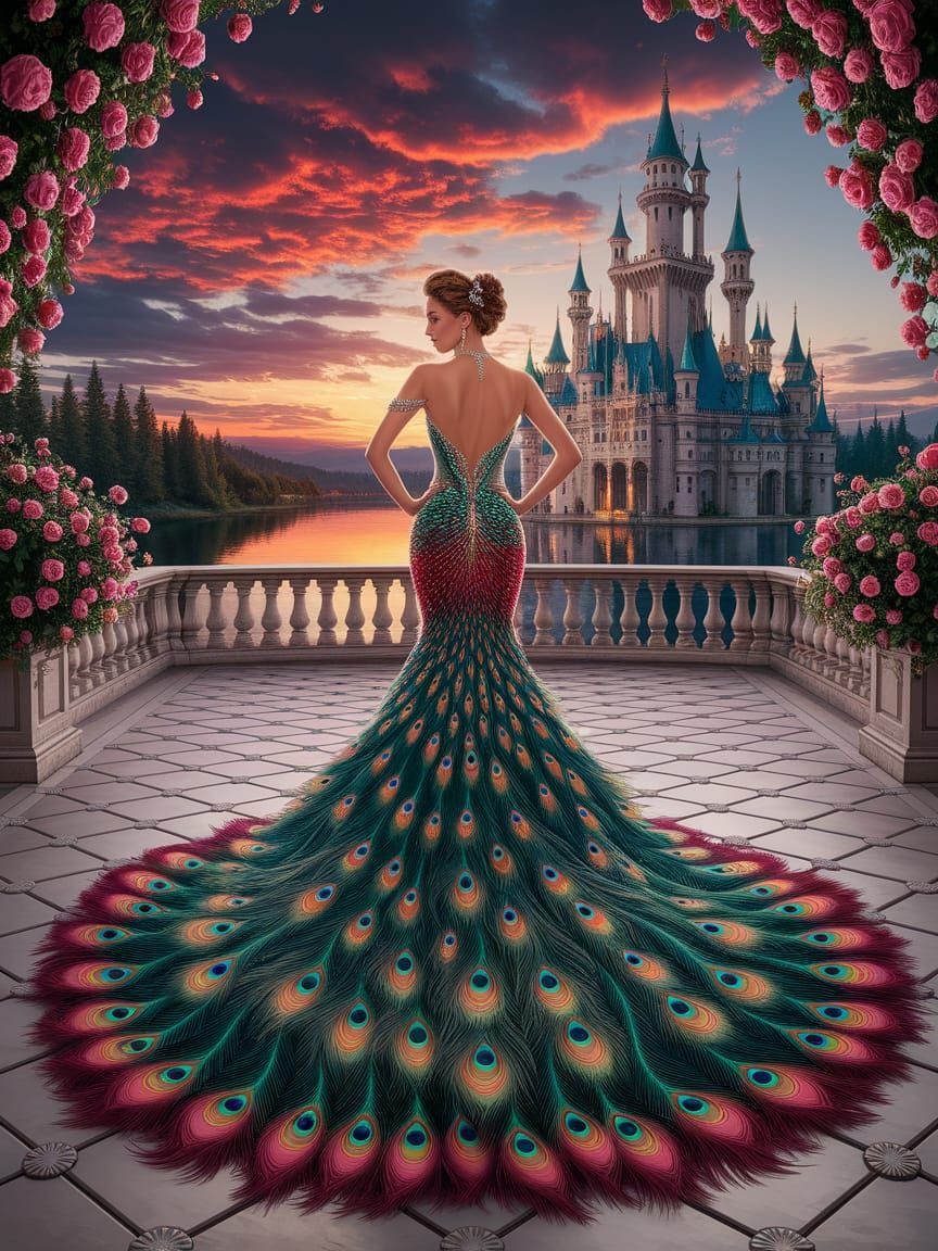 Peacock Gown Woman at Sunset: Digital Art
