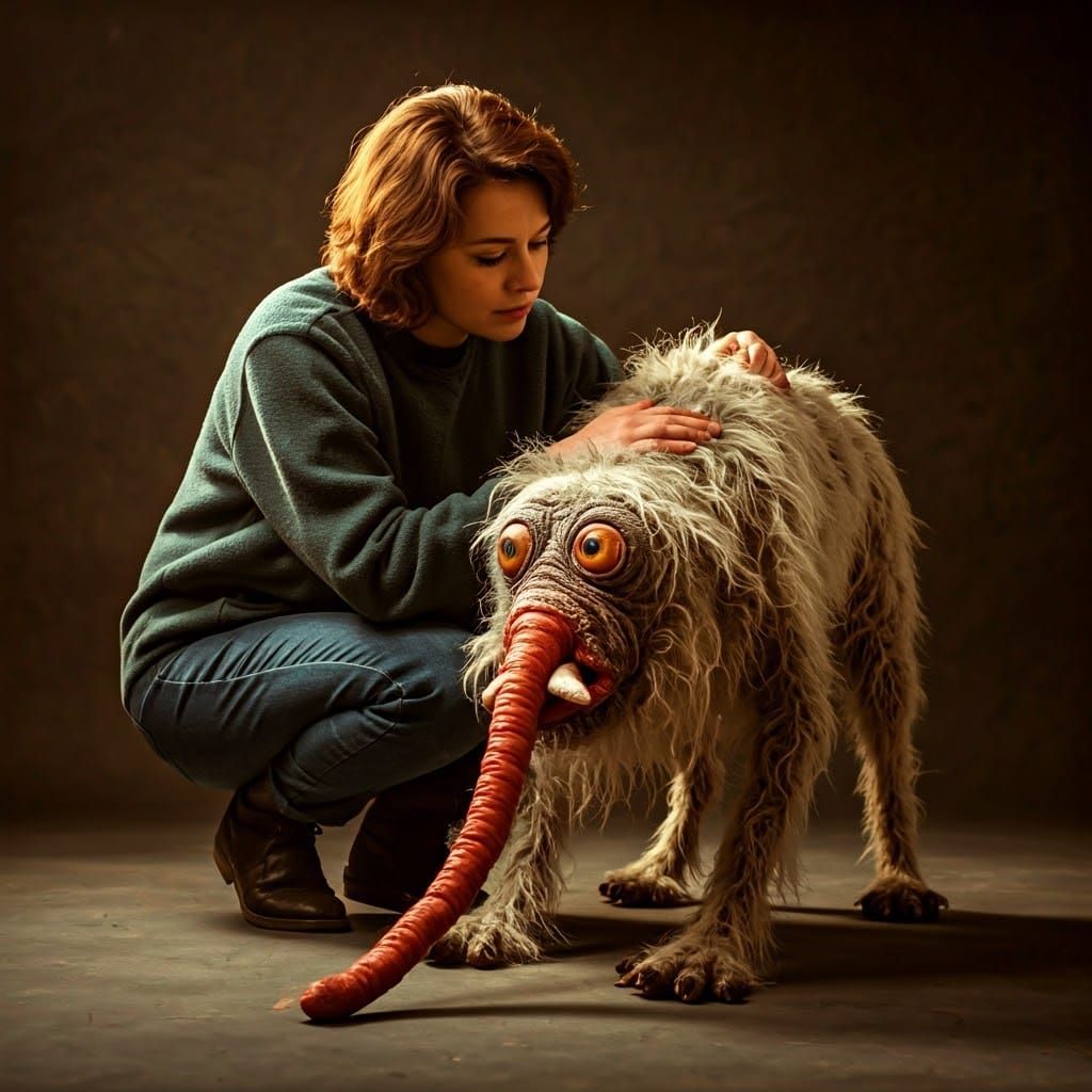 Woman Pets a Strange Creature in 80s Style