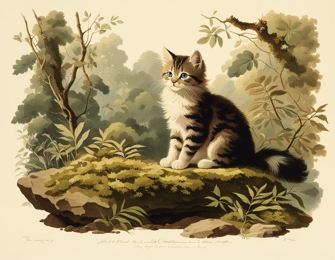 Kitten in Forest Illustration in Audubon Style