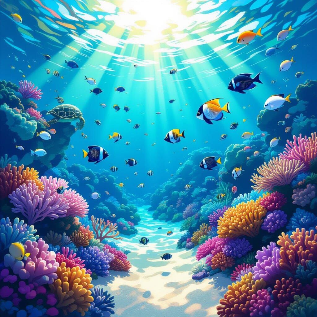 Bioluminescent Coral Reef in Anime Style