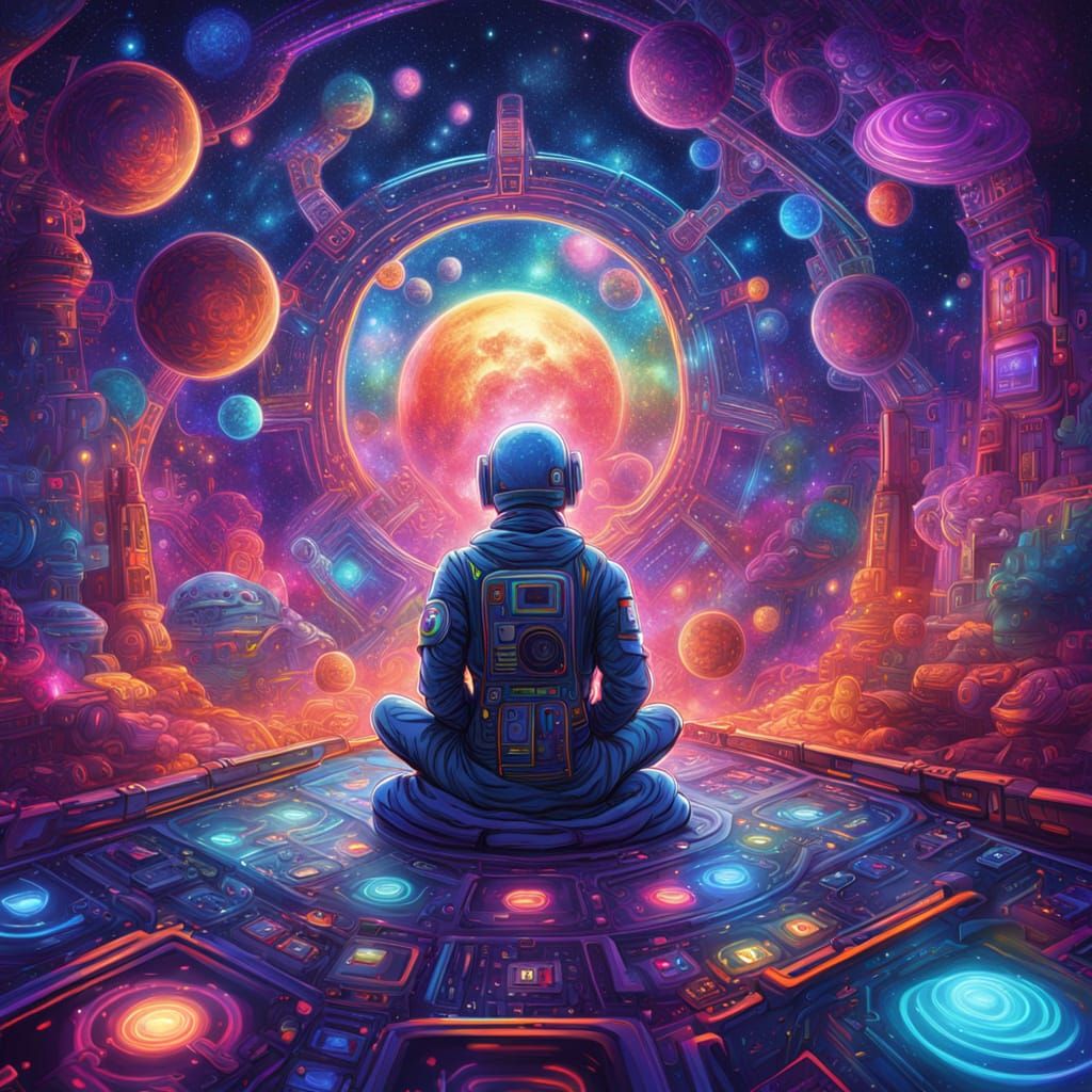 Robot Monks Meditating in Cosmic Nebula