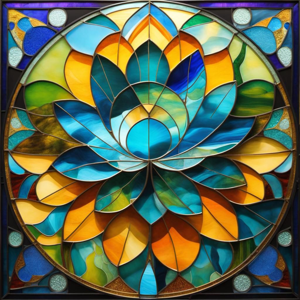 Abstract Stained Glass Landscape in Cubist Style