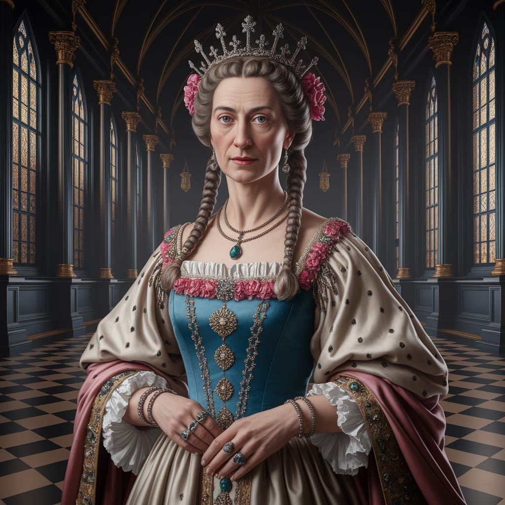 Regal Queen in Grand Hall: Hyperrealistic Portrait