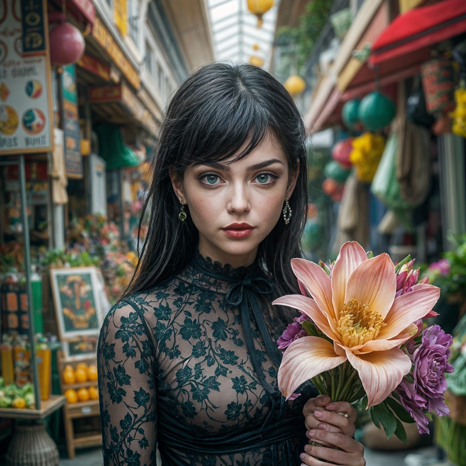 Gothic Lady with Flowers in Street Market