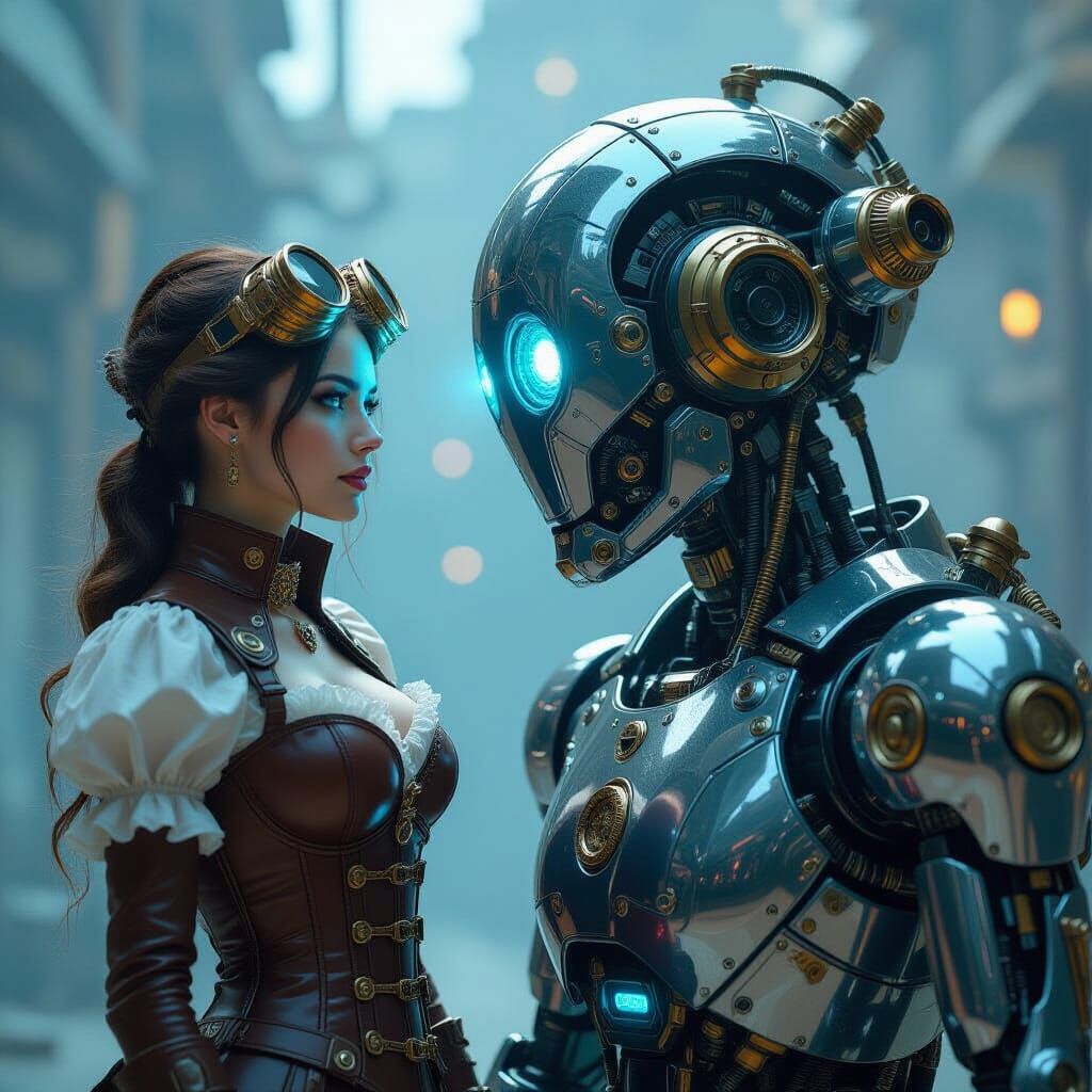 Steampunk Woman Beside Futuristic Robot