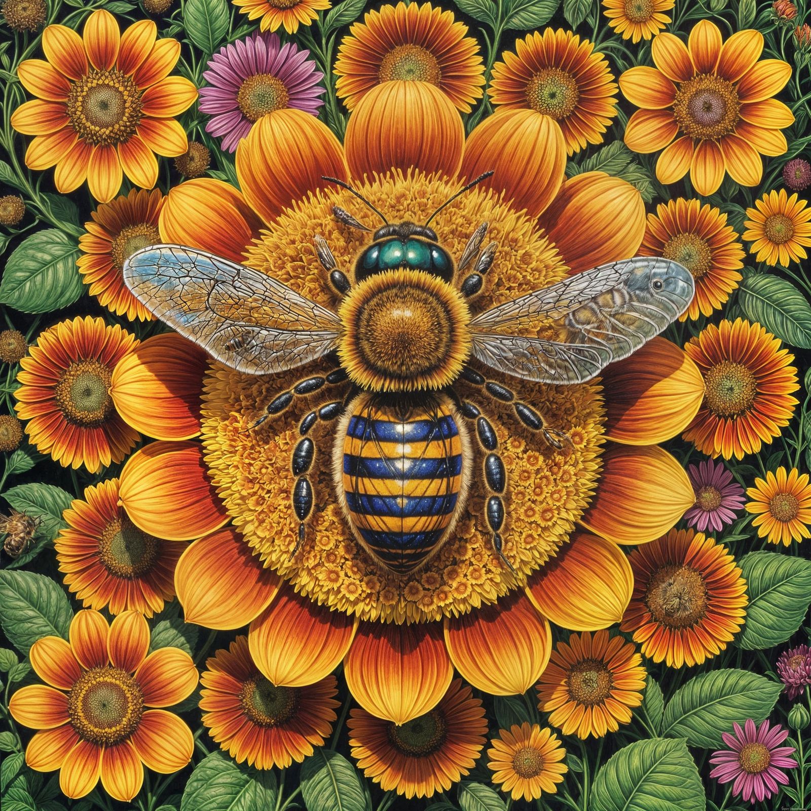 Psychedelic Bee Portrait in Vibrant Floral Setting