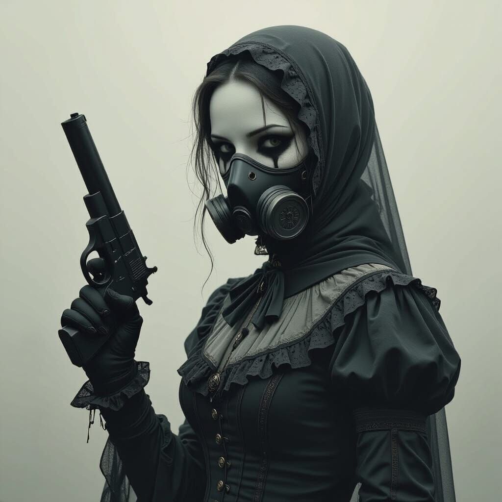 Eerie Ghostly Figure in Victorian Dress with Gun