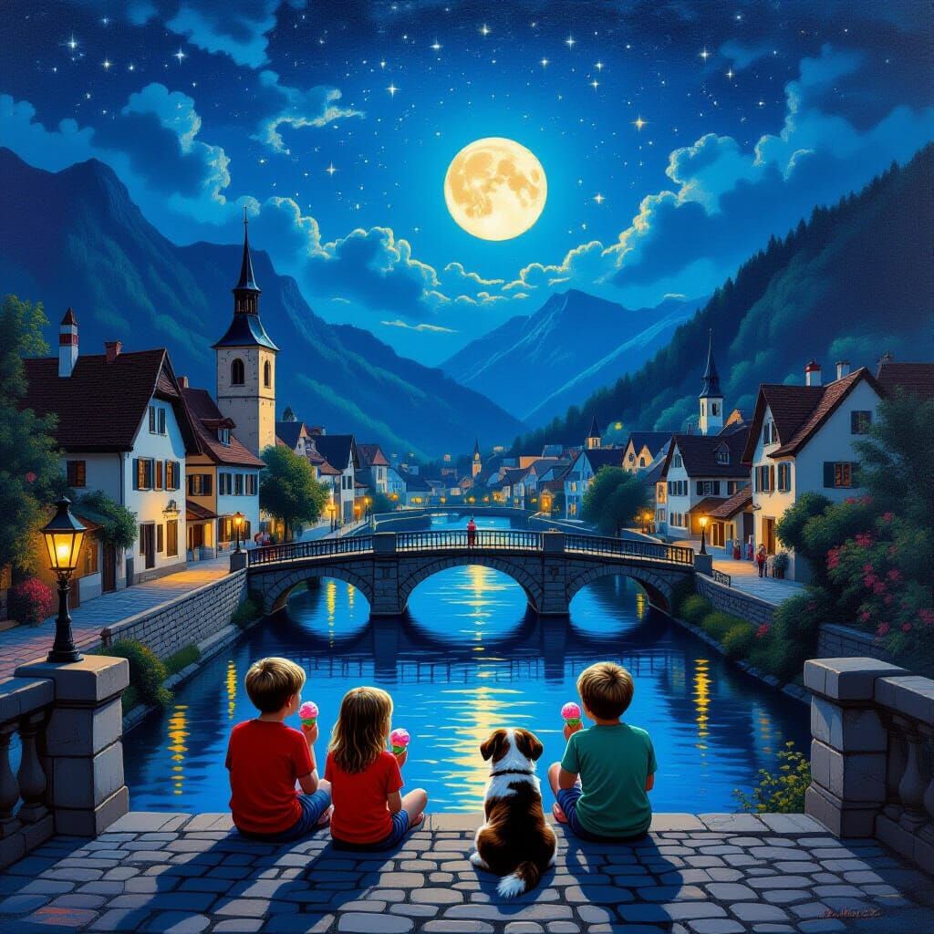 Baroque Swiss Village Under Starry Night Sky