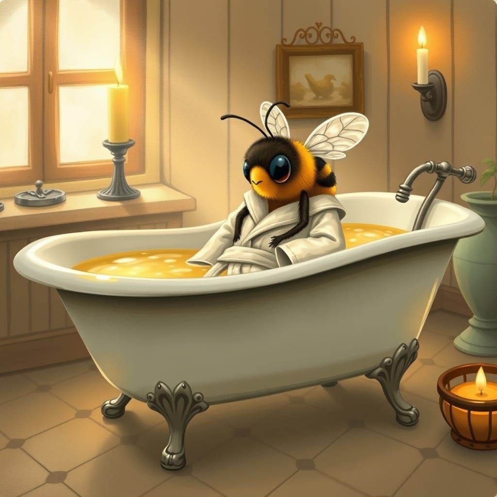 Bee in Bathrobe in Honey Tub, Folk Art Style