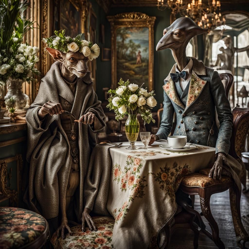 Surreal Alien Restaurant Celebration in Magical Realism