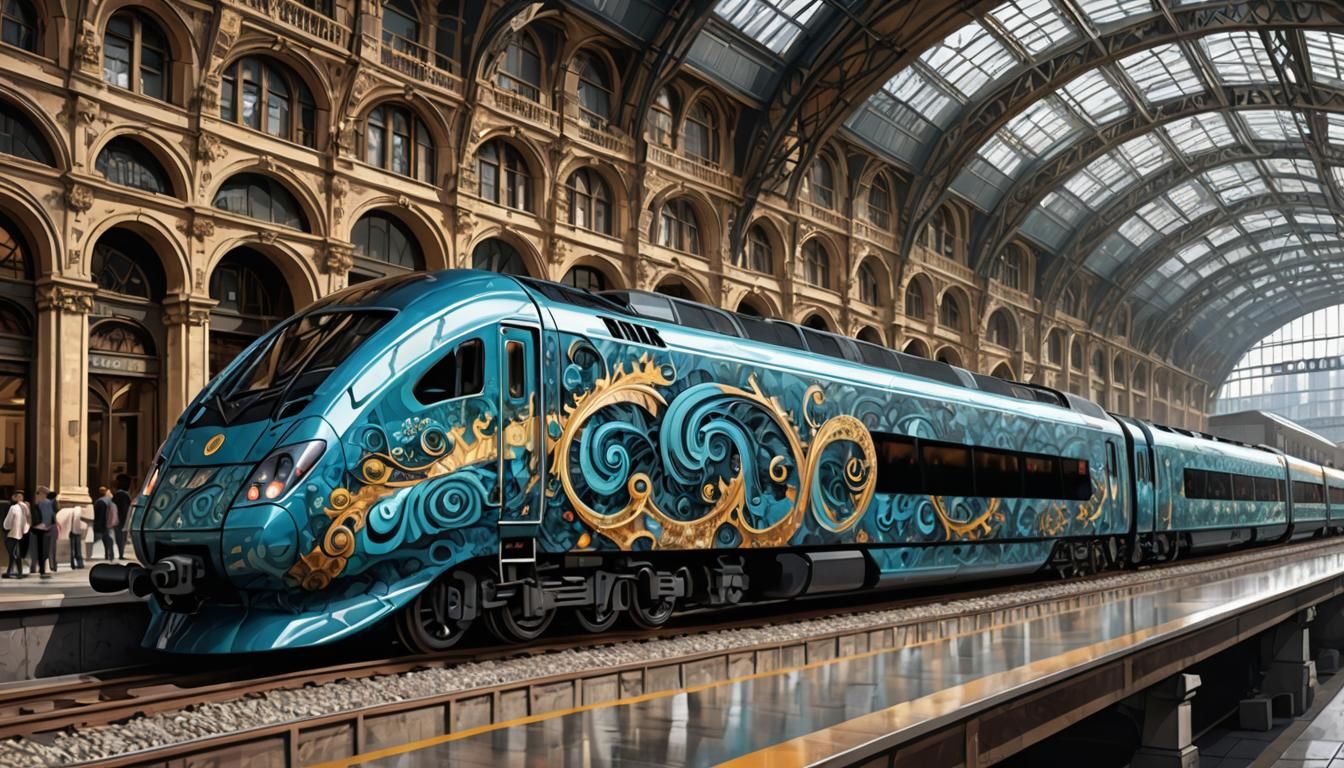 Hyperrealistic German ICE Train with Abstract Fractal Art