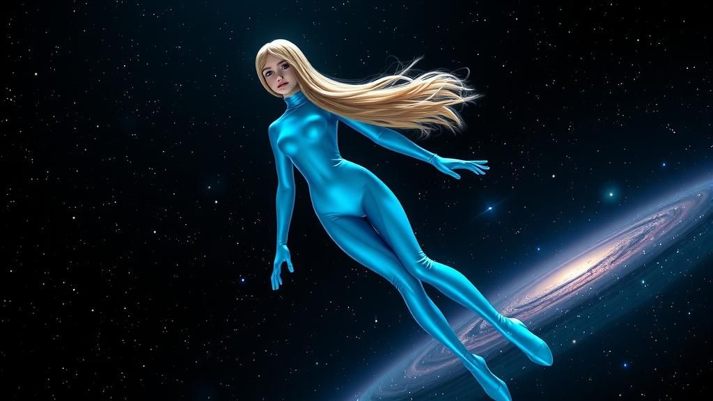 Girl in Vinyl Bodysuit Levitates in Space