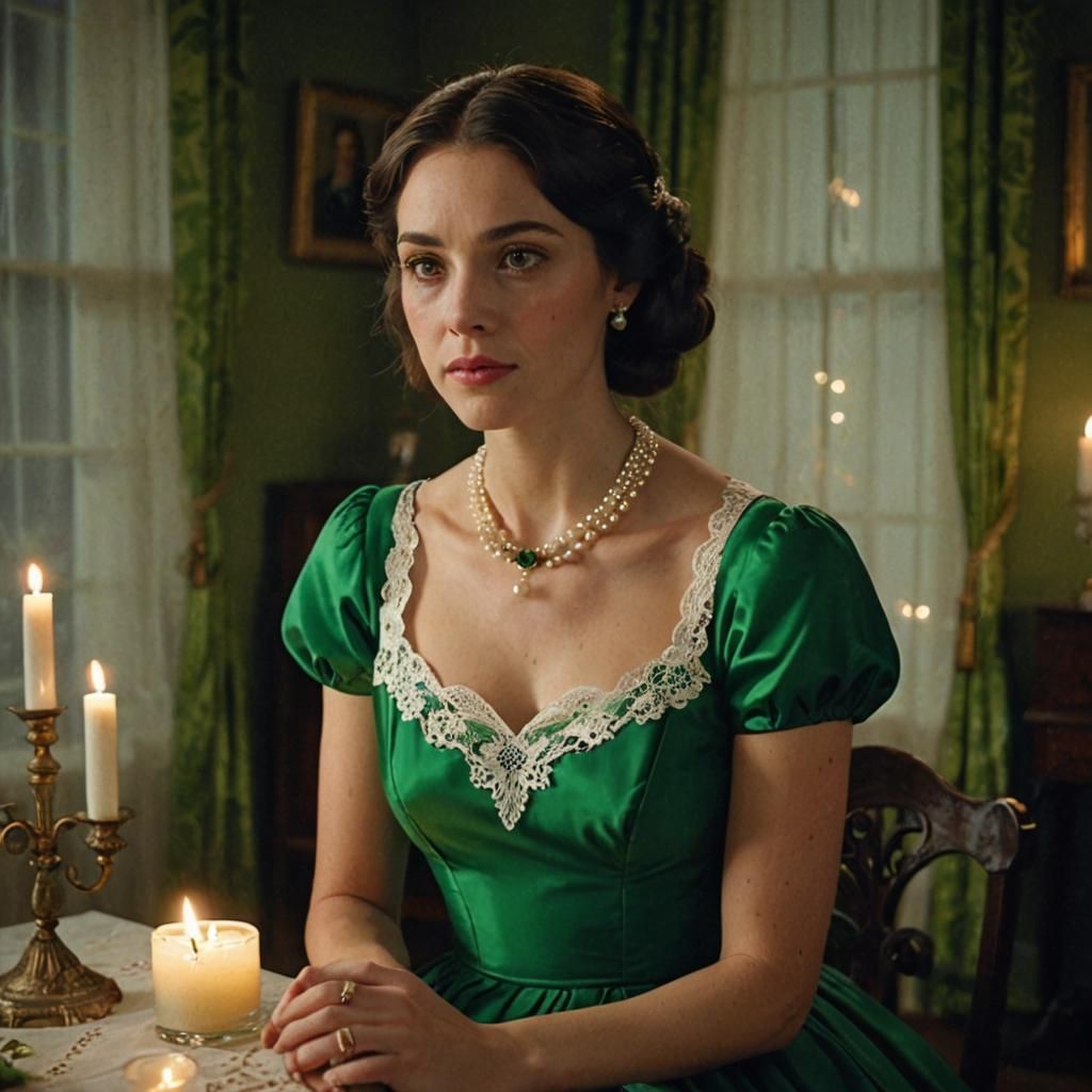 Woman in Green Dress with Pearl Necklace