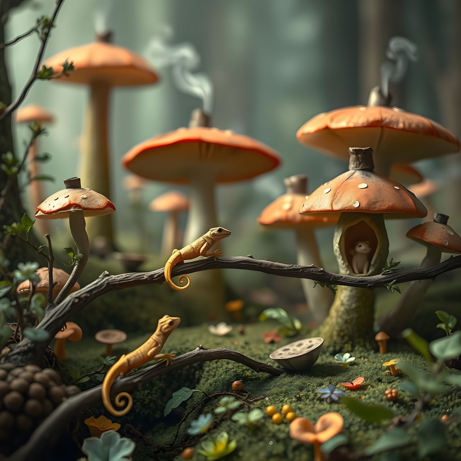 Surreal Forest Scene with Giant Mushrooms and Tiny Creatures