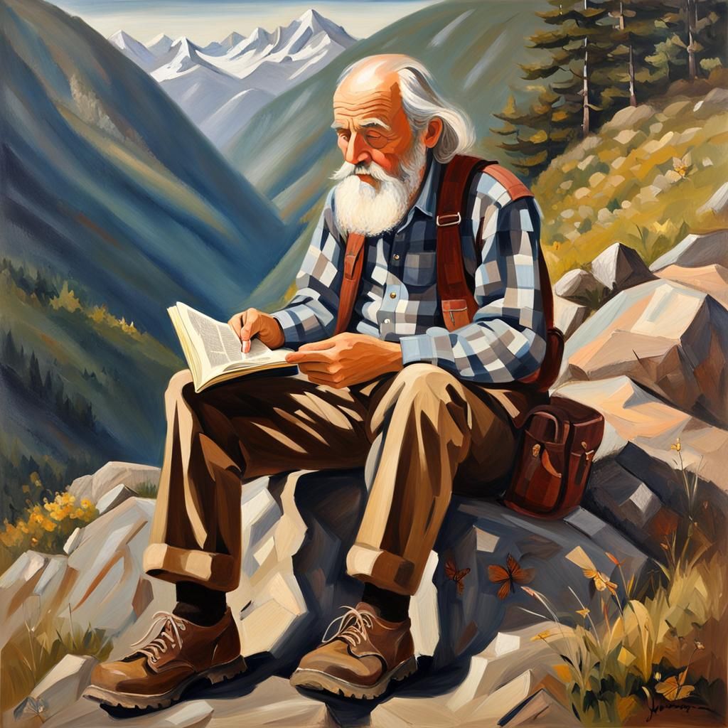 Elderly Man Reading in Mountain Landscape, Oil Painting