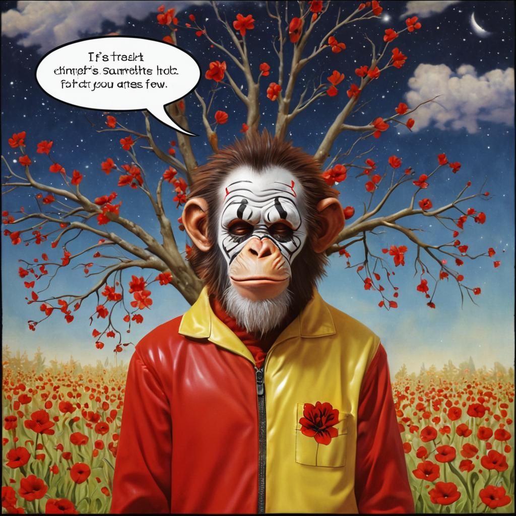 Chimp Smelling Poppy in Unsettling Comic Style