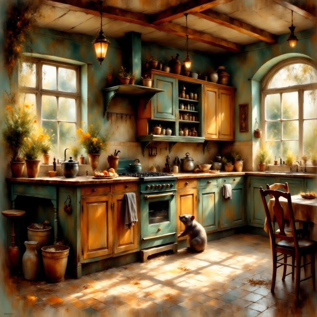 Whimsical Impressionist Scene of a Large Mouse in an Old Kit...